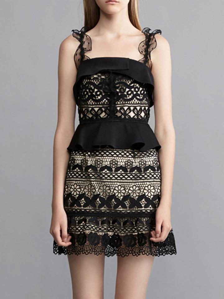 Choies Black Lace Ruffle Detail Peplum Overlay Lace Mini Dress