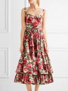 Choies Red Floral Print Layered Ruffle Midi Skater Dress