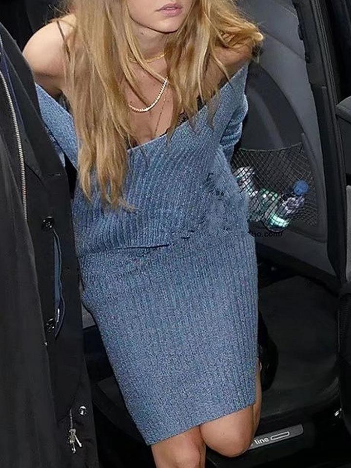 Choies Blue V-neck Cross Front Long Sleeve Knit Dress