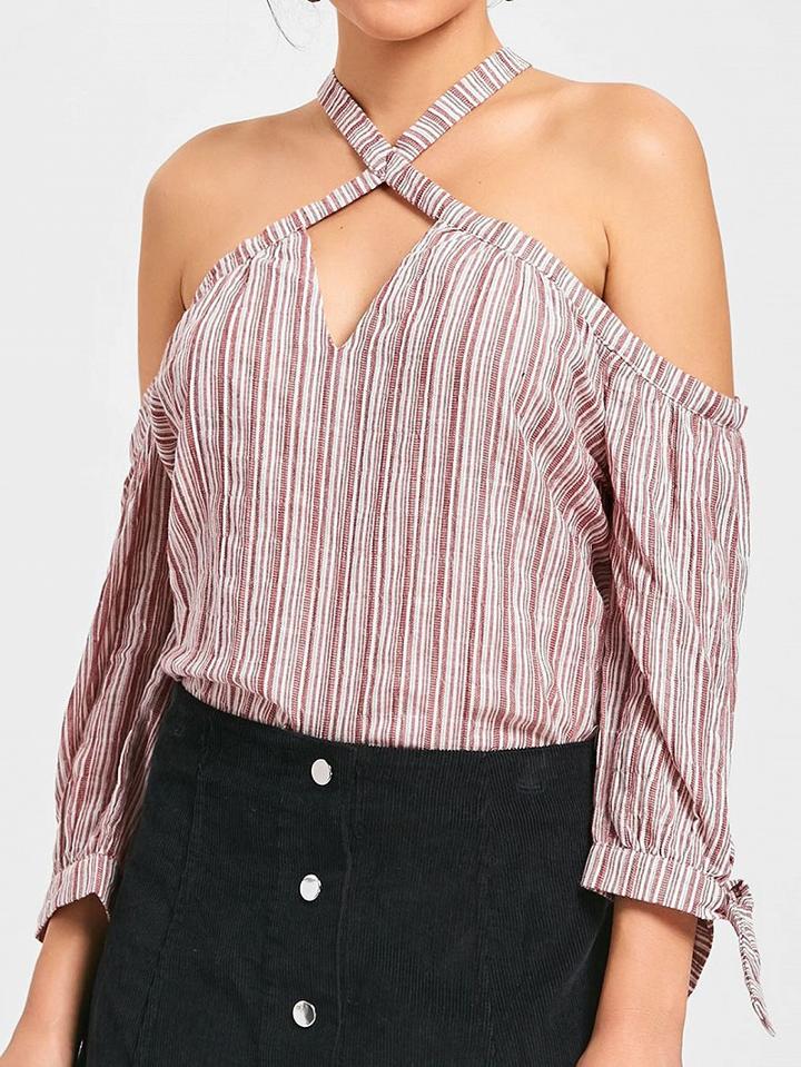 Choies Red Stripe Halter Cold Shoulder Tie Cuff Blouse