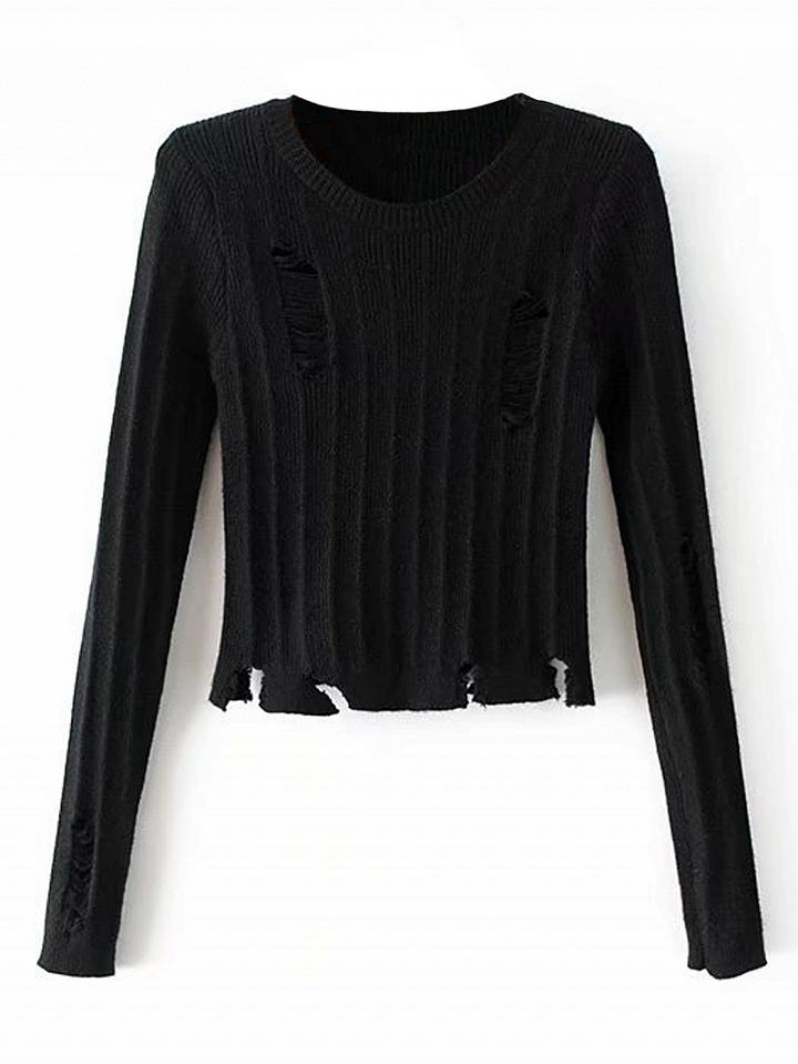Choies Black Ripped Long Sleeve Cropped Knit Jumper