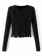Choies Black Ripped Long Sleeve Cropped Knit Jumper