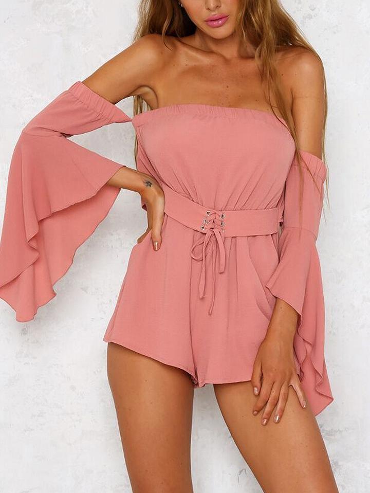 Choies Pink Off Shoulder Flared Sleeve Corset Belt Romper Playsuit