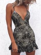 Choies Black V-neck Embroidery Sequin Detail Lace Up Back Mini Dress