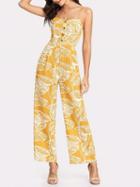 Choies Yellow Spaghetti Strap Leaf Print Pocket Detail Romper Jumpsuit