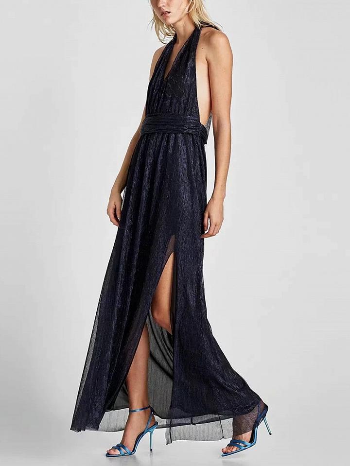 Choies Dark Blue Halter Thigh Split Open Back Lurex Yarn Maxi Dress