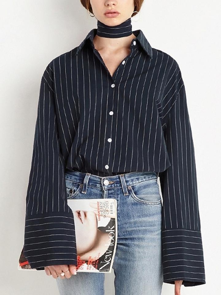 Choies Dark Blue Stripe Tie Collar Wide Sleeve Shirt