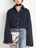 Choies Dark Blue Stripe Tie Collar Wide Sleeve Shirt