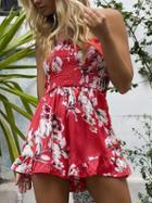 Choies Red Stretch Off Shoulder Floral Print Romper Playsuit