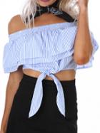 Choies Blue Stripe Off Shoulder Double Layer Tie Front Crop Top