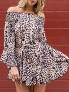 Choies Brown Off Shoulder Leopard Print Long Sleeve Chic Women Mini Dress