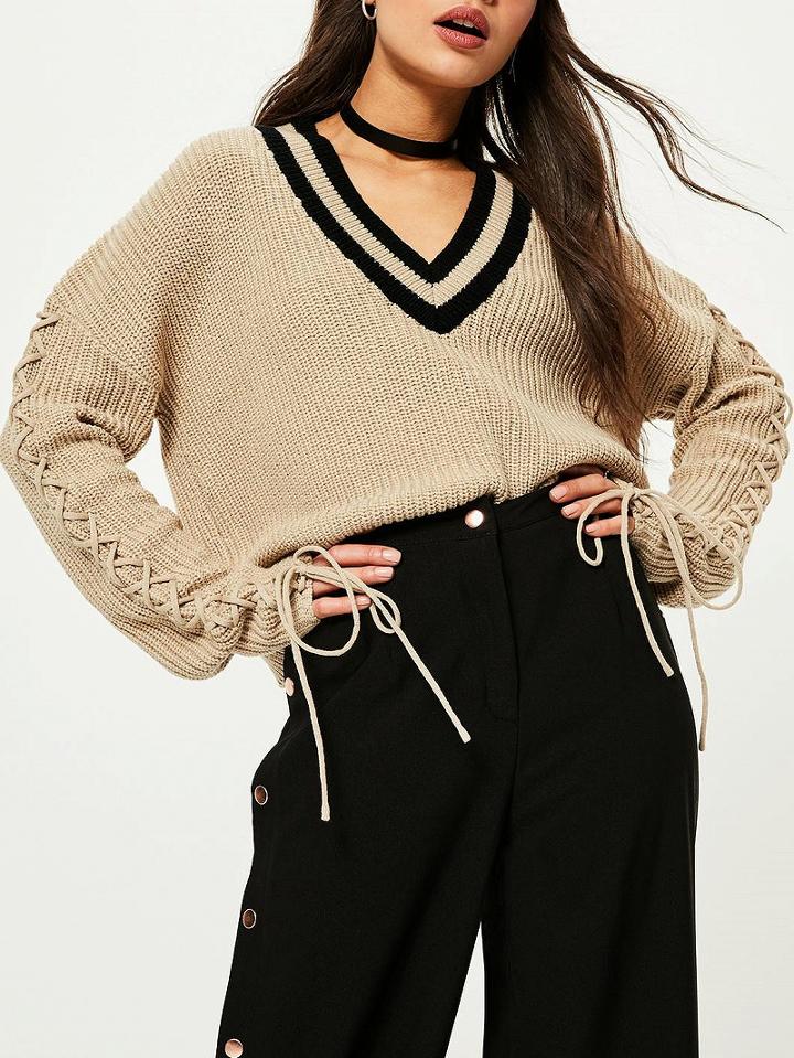 Choies Khaki Contrast V-neck Lace Up Sleeve Chunky Knit Jumper