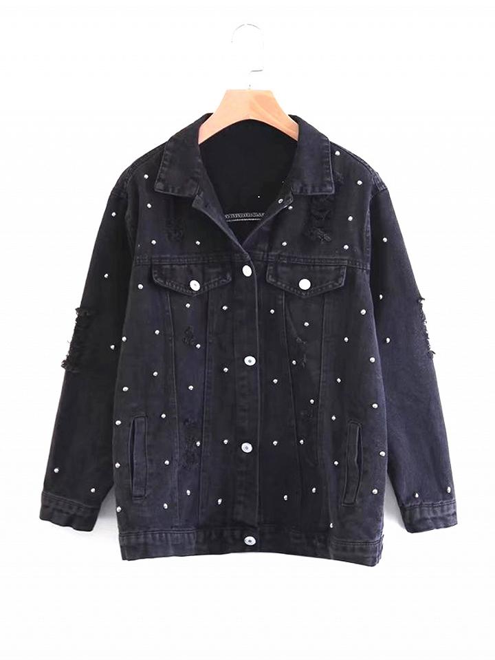 Choies Black Beaded Distressed Detail Boyfriend Denim Jacket