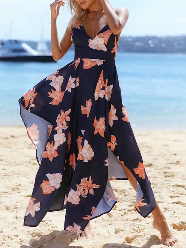 Choies Navy Blue Floral Print Cross Back Asymmetric Hem Cami Maxi Dress