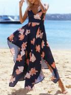 Choies Navy Blue Floral Print Cross Back Asymmetric Hem Cami Maxi Dress