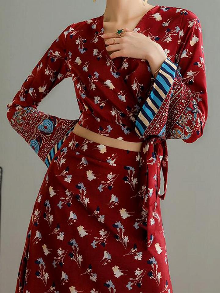 Choies Red V-neck Floral Print Chic Women Crop Top And High Waist Maxi Skirt