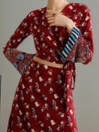 Choies Red V-neck Floral Print Chic Women Crop Top And High Waist Maxi Skirt
