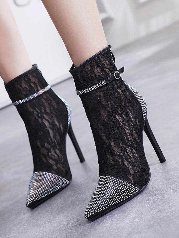 Choies Black Rhinestone Detail Lace Panel Chic Women Pu Ankle Boots