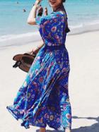 Choies Blue Plunge Print Detail Thigh Split Side Open Back Maxi Dress
