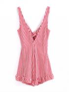 Choies Red Stripe Plunge V-neck Open Back Bow Detail Romper Playsuit