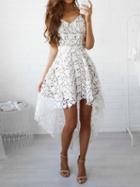 Choies White V-neck Dipped Hem Spaghetti Straps Cami Lace Dress