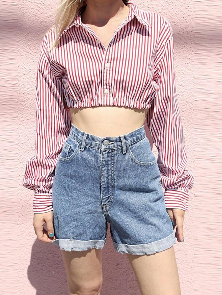 Choies Red Stripe Long Sleeve Chic Women Crop Shirt