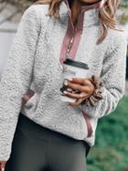 Choies Gray Contrast Faux Shearling Lapel Long Sleeve Chic Women Hoodie