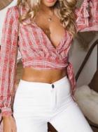 Choies Pink Plaid V-neck Long Sleeve Chic Women Crop Blouse