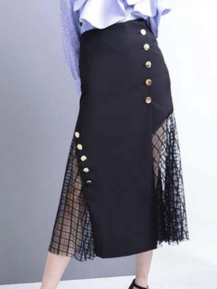 Choies Black High Waist Button Embellished Mesh Panel Midi Skirt