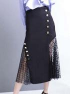 Choies Black High Waist Button Embellished Mesh Panel Midi Skirt