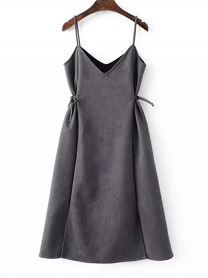 Choies Gray Faux Suede V-neck Tie Side Spaghetti Strap Dress