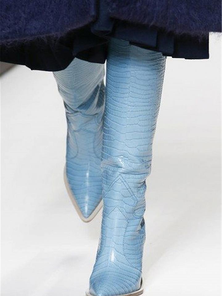 Choies Blue Microfiber Pointed Toe Chic Women Heeled Knee High Boots