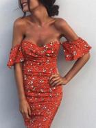 Choies Orange Red Off Shoulder Sweetheart Print Wrap Bodycon Dress
