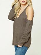 Choies Coffee V Neck Cold Shoulder Racer Back Knit Sweater