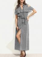 Choies Monochrome Stripe Cold Shoulder Ruffle Button Front Tie Belt Dress