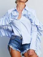 Choies Blue Stripe Ruffle Detail Long Sleeve Shirt