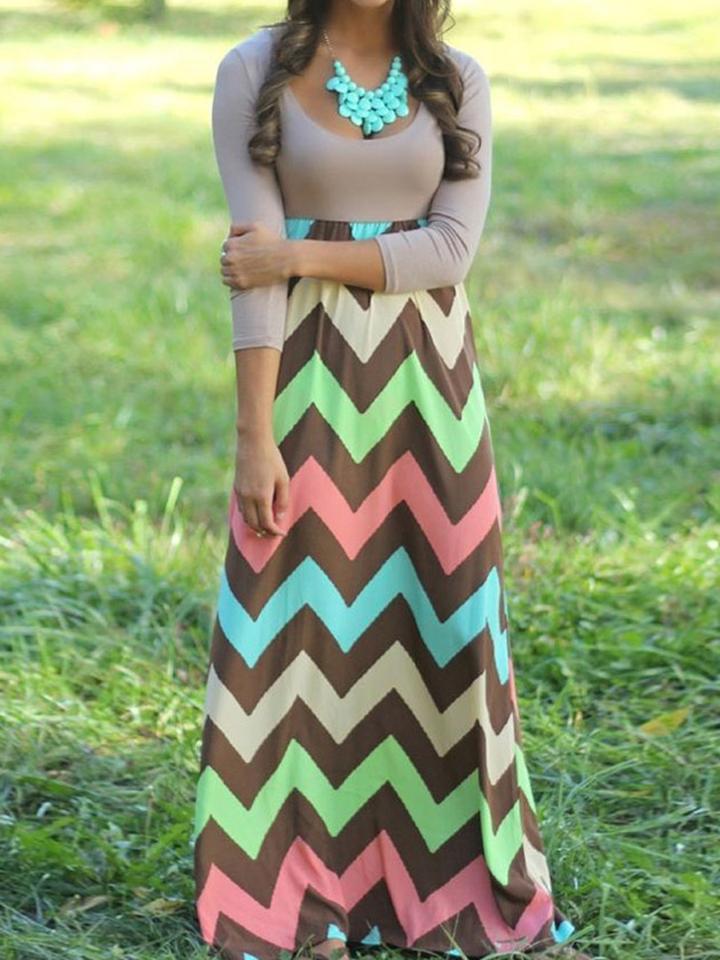 Choies Multicolor Contrast Chevron Print 3/4 Sleeve Boho Maxi Dress