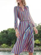 Choies Multicolor Stripe Chiffon Tie Waist Long Sleeve Chic Women Midi Dress