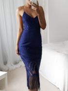 Choies Blue V-neck Tassel Trim Chic Women Lace Bodycon Cami Midi Dress