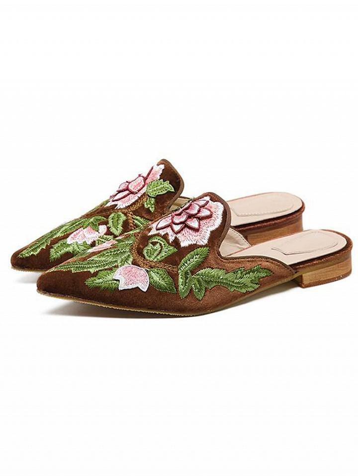 Choies Brown Embroidery Floral Pointed Toe Velvet Mules