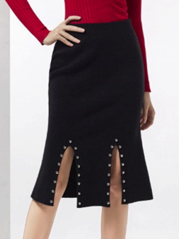 Choies Black Beaded Detail Split Front Knitted Skirt
