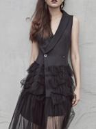 Choies Black Cotton V-neck Sheer Mesh Panel Sleeveless Chic Women Dress