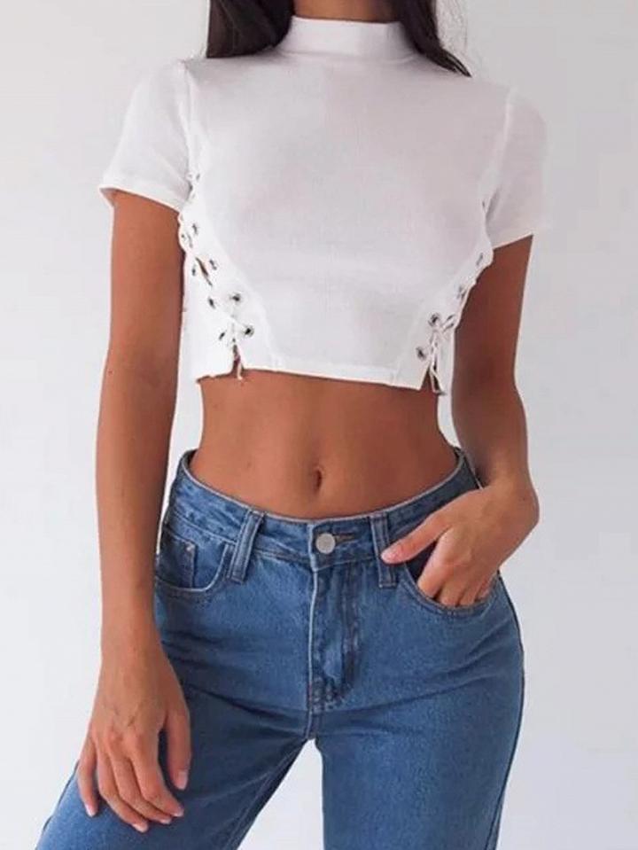 Choies White High Neck Lace Up Side Short Sleeve Cropped T-shirt