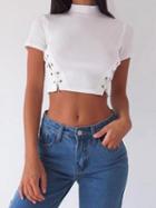 Choies White High Neck Lace Up Side Short Sleeve Cropped T-shirt