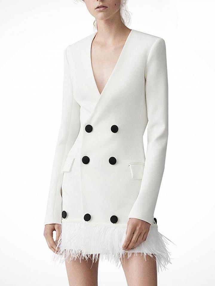 Choies White V-neck Tassel Hem Double-breasted Long Sleeve Blazer Dress