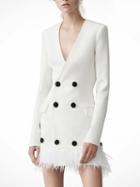 Choies White V-neck Tassel Hem Double-breasted Long Sleeve Blazer Dress