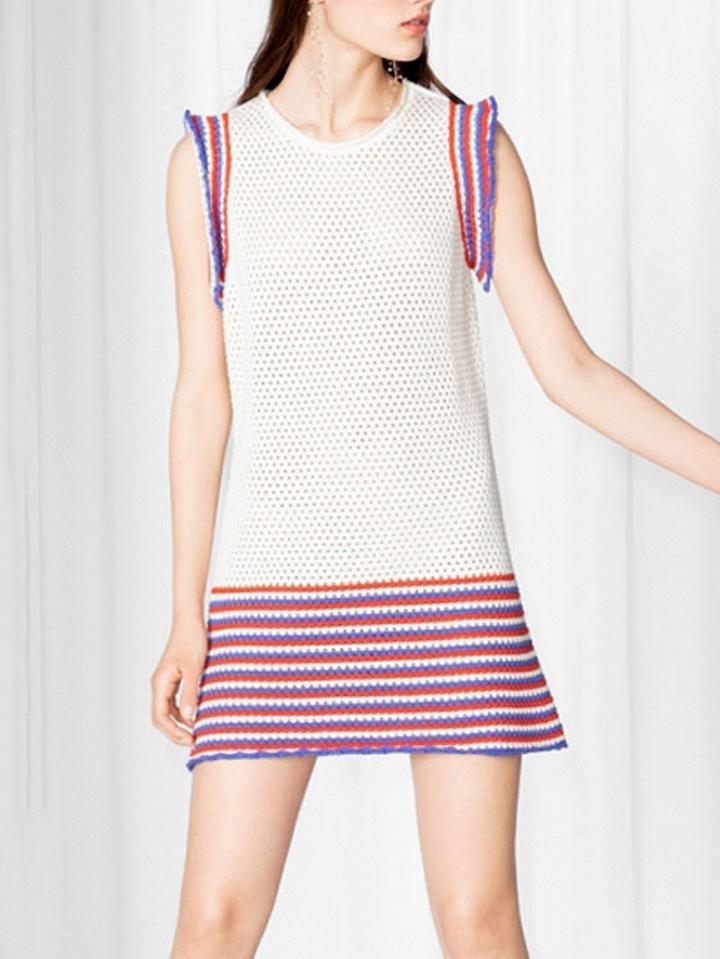Choies White Contrast Stripe Ruffle Sleeve Pointelle Stitch Knit Dress
