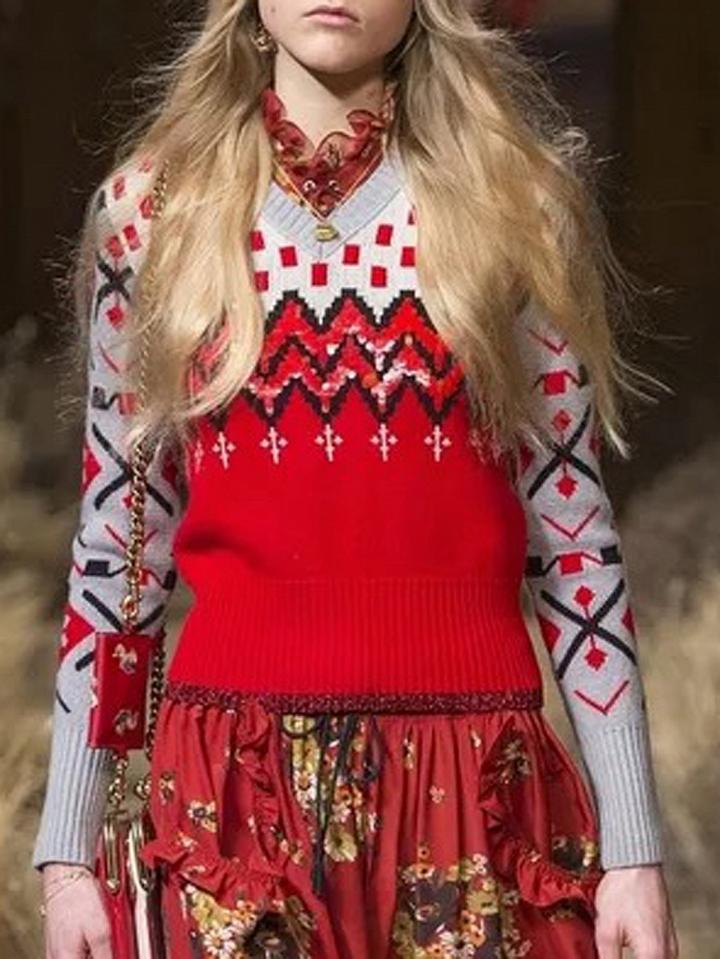 Choies Color Block V-neck Long Sleeve Knit Sweater