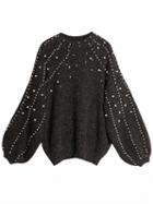 Choies Dark Gray Beaded Pearl Embellished Puff Sleeve Knit Sweater