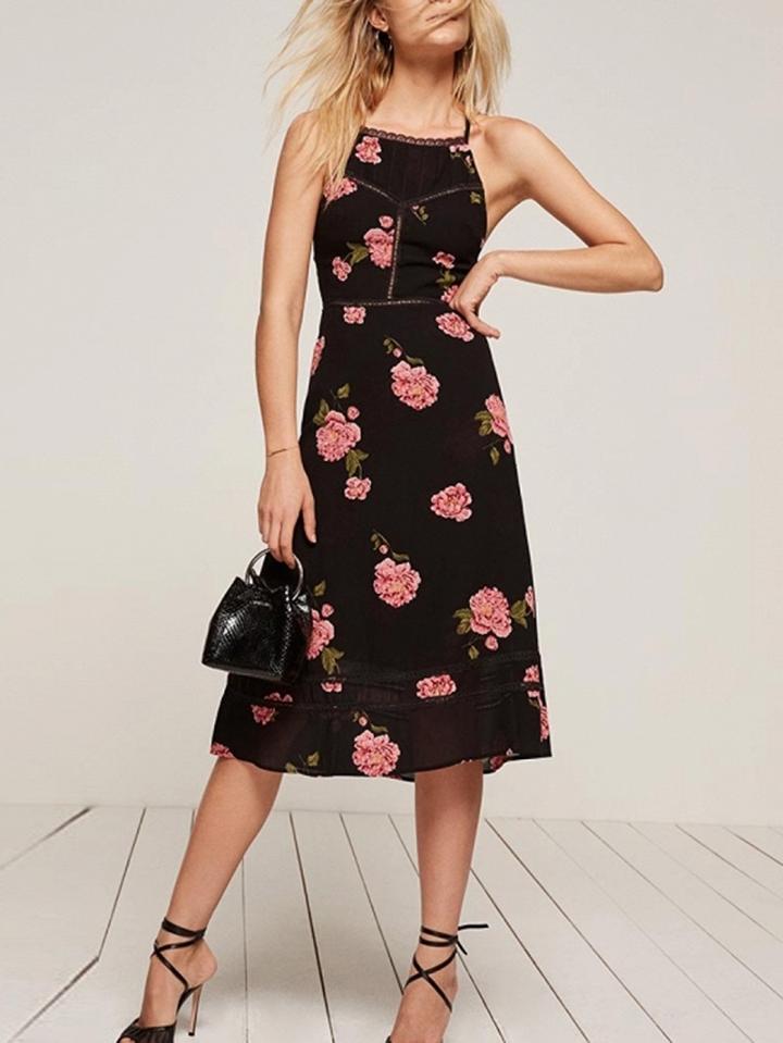 Choies Black Floral Spaghetti Strap Backless Midi Dress